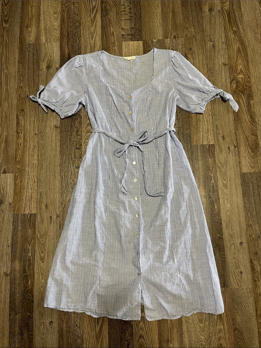 Blue & White Striped Button-Front Midi Dress with Tie Waist 100% Cotton